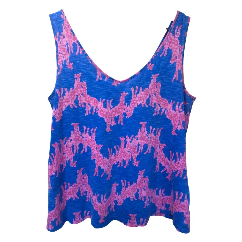Lilly Pulitzer Pink Giraffe Print Blue Cotton V-Neck Tank Top Womens Medium